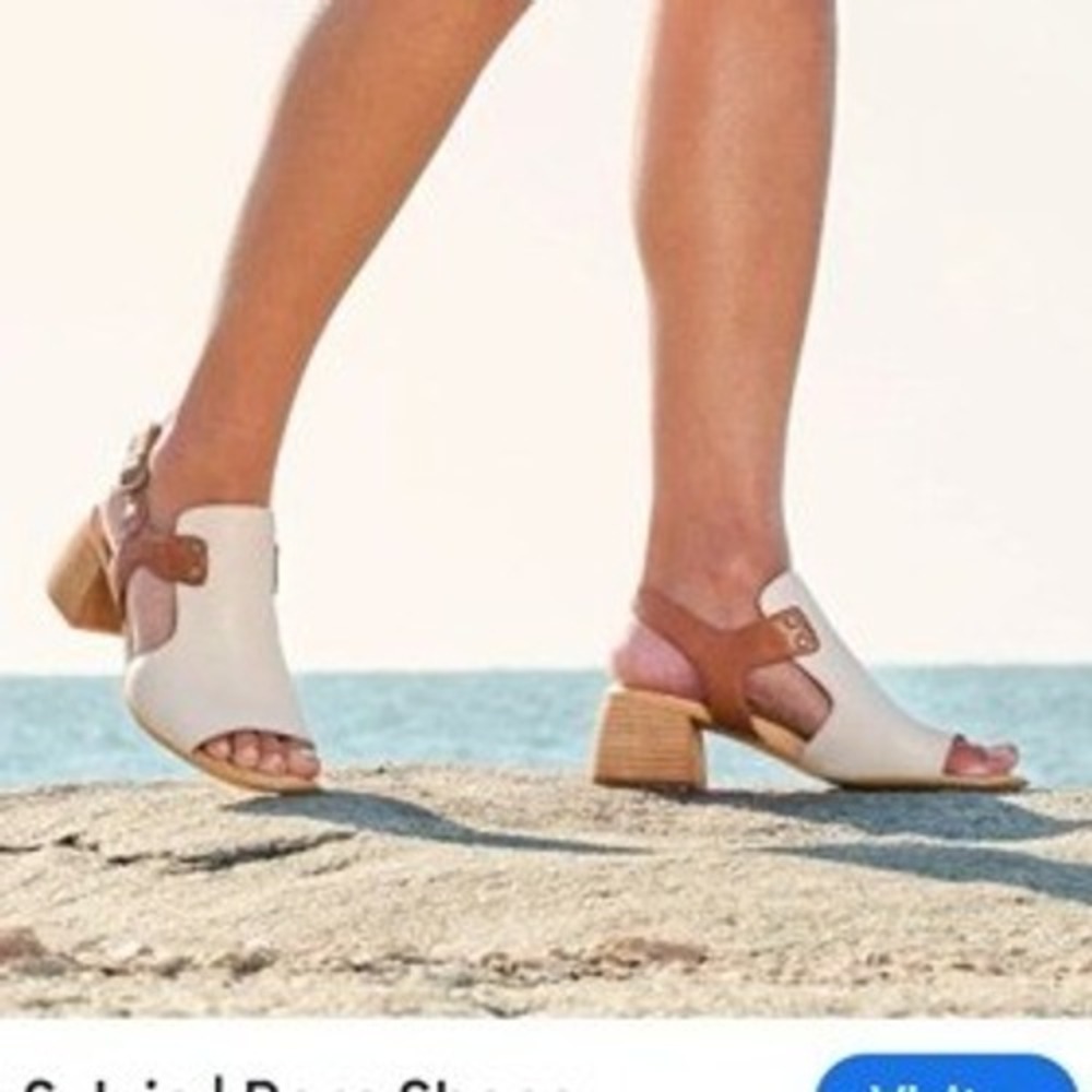 Born Sylvie Leather Block Heel Sandals 9 Cream Tan Excellent Slingback Open Toe